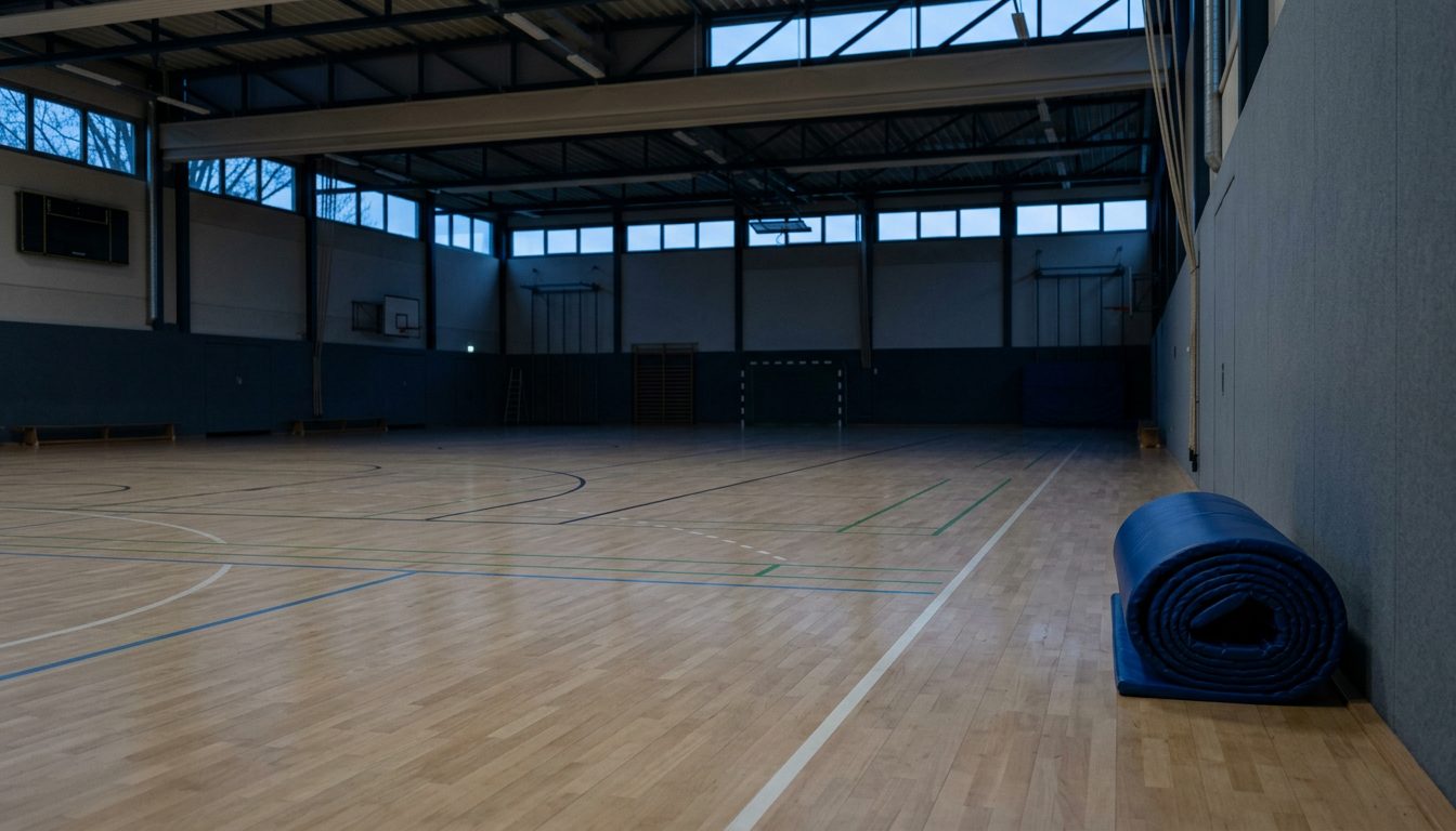 KI-generiertes Symbolbild: Leere Sporthalle in der Abenddämmerung mit aufgerollter Matte, Thema Test abgeschafft